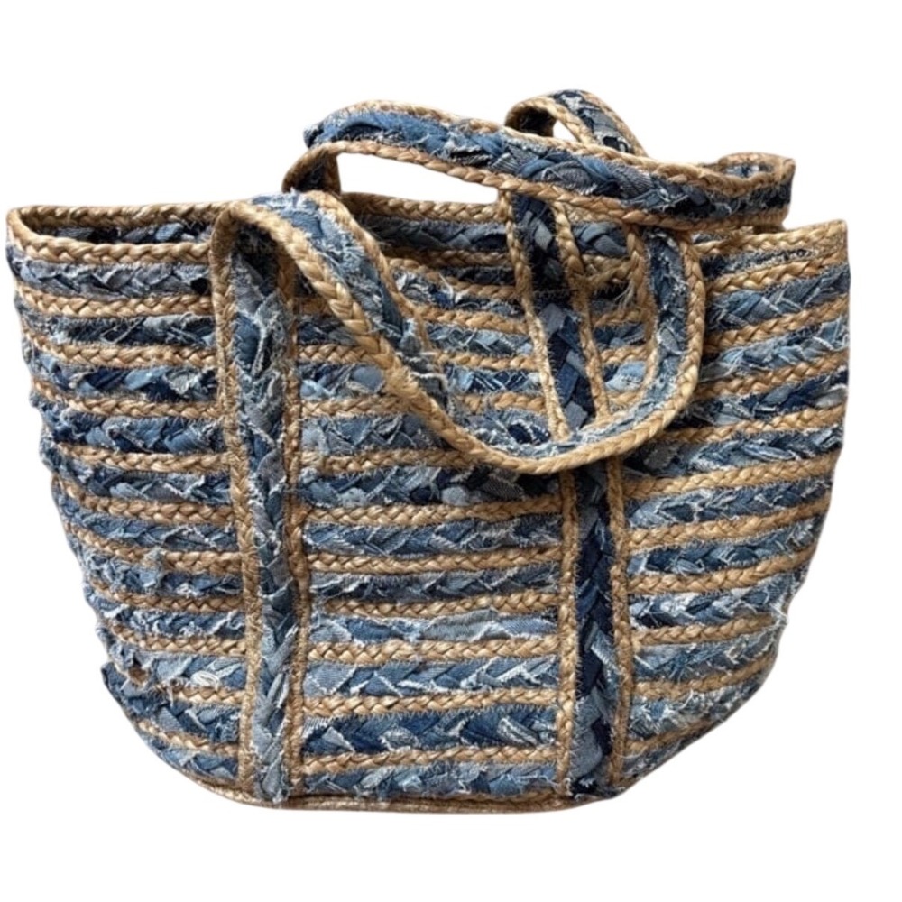 America‎ & Beyond Braided Denim and Jute Tote Bag Blue Tan Boho Shoulder Bag
